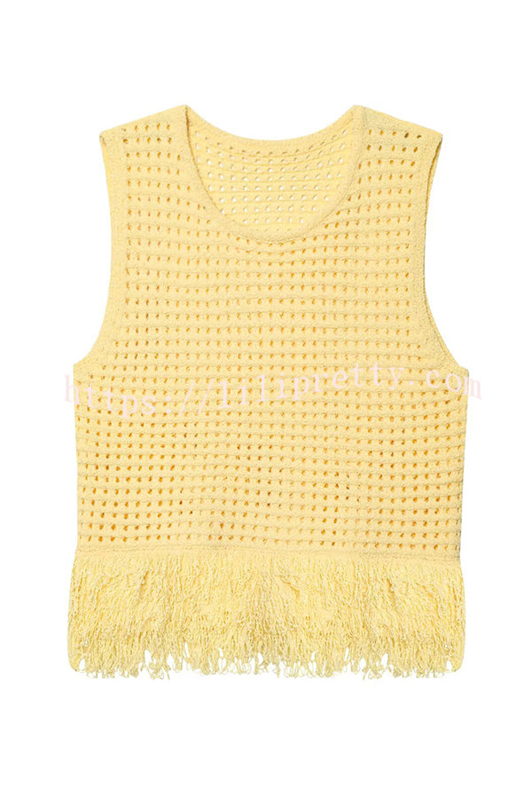 Solid Color Round Neck Sleeveless Hollow Tassel Loose Vest