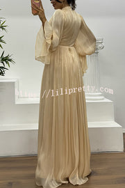 Ellah Shiny Fabric Chinese Stand Collar Twist Waist Balloon Sleeve Maxi Dress