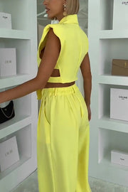 Fashion Style Lapel Waist-baring Irregular Vest and  Elastic Waist Pocket Loose Pants Set