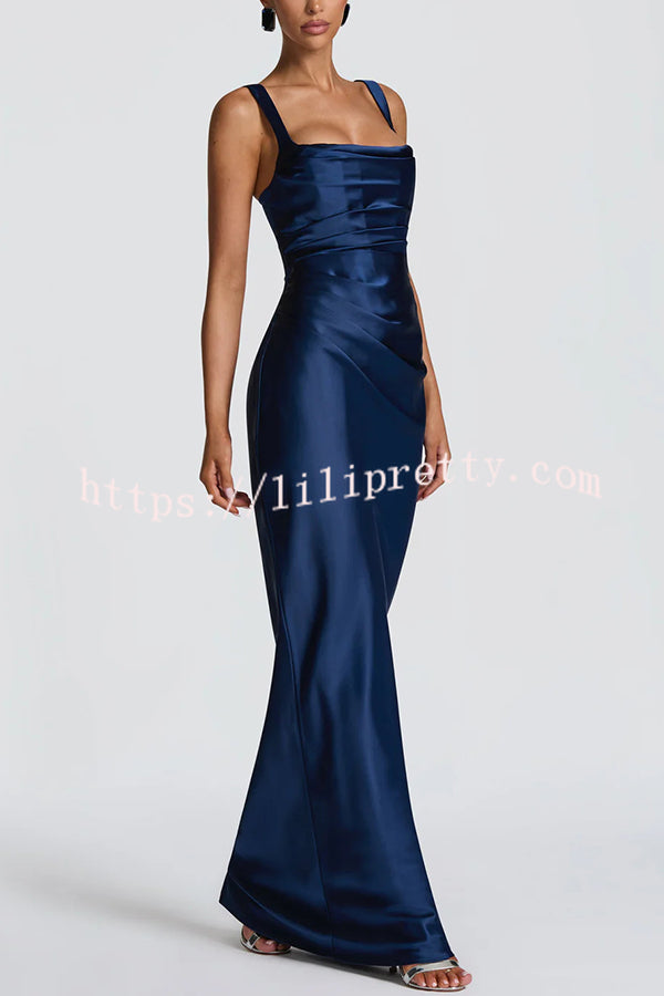 Calanthe Satin Square Neck Ruched Back Lace-up Drape Mesh Scarf Maxi Dress