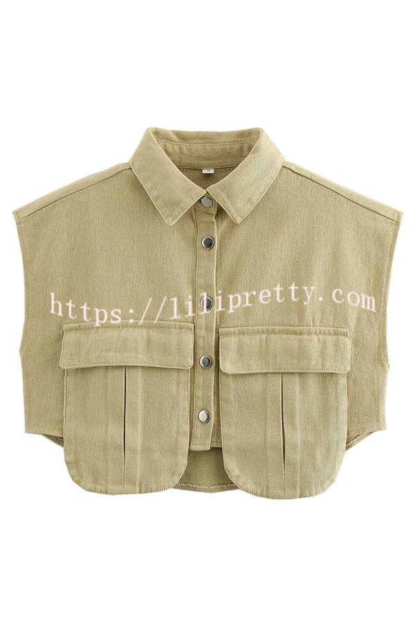 Stylish Weekend Denim Button Up Cape Sleeve Pocket Crop Top