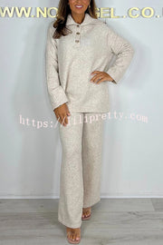 Solid Color Lapel Long-sleeved Loose Top and Elastic Waist Casual Pants Set