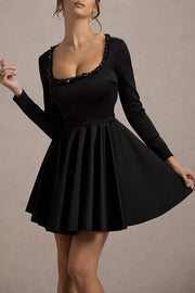 Playful Elegance Pearl Embellished Trim Long Sleeve Pleated Mini Dress