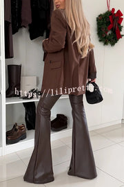 Stylish Faux Leather High Waist Lace-up Back Zipper Flare Stretch Pants