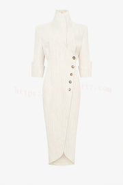 Elegant Look Linen Blend Stand Lapel Neck Half Sleeve Side Button Midi Dress