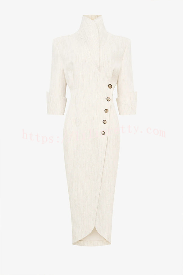 Elegant Look Linen Blend Stand Lapel Neck Half Sleeve Side Button Midi Dress