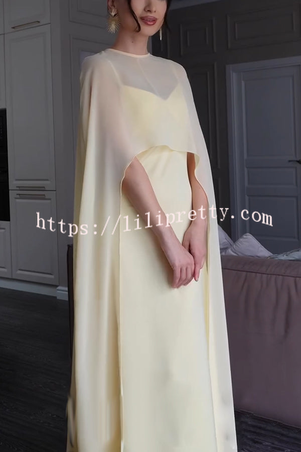 Moonlit Muse Sheer Chiffon High Low Cape Slip Maxi Dress
