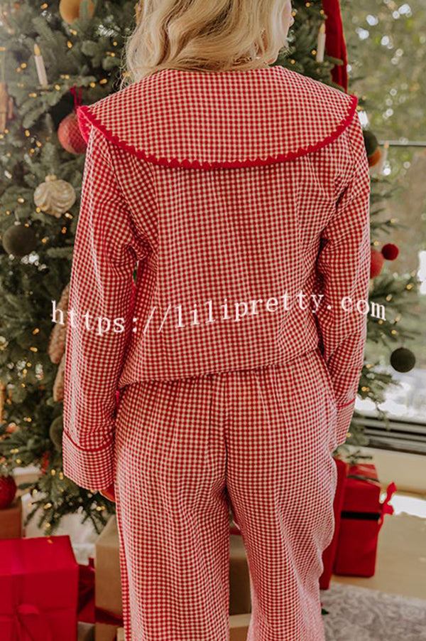 Nutcracker Charm Embroidered Gingham Loose Shirt and Elastic Waist Pajama Set