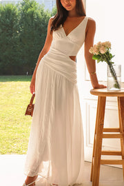 Solid Color V-neck Waist Hollow Slim Maxi Dress