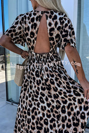 Leopard Print Short Sleeved V-neck Elasticated Waist Backless Slit Maxi Dress