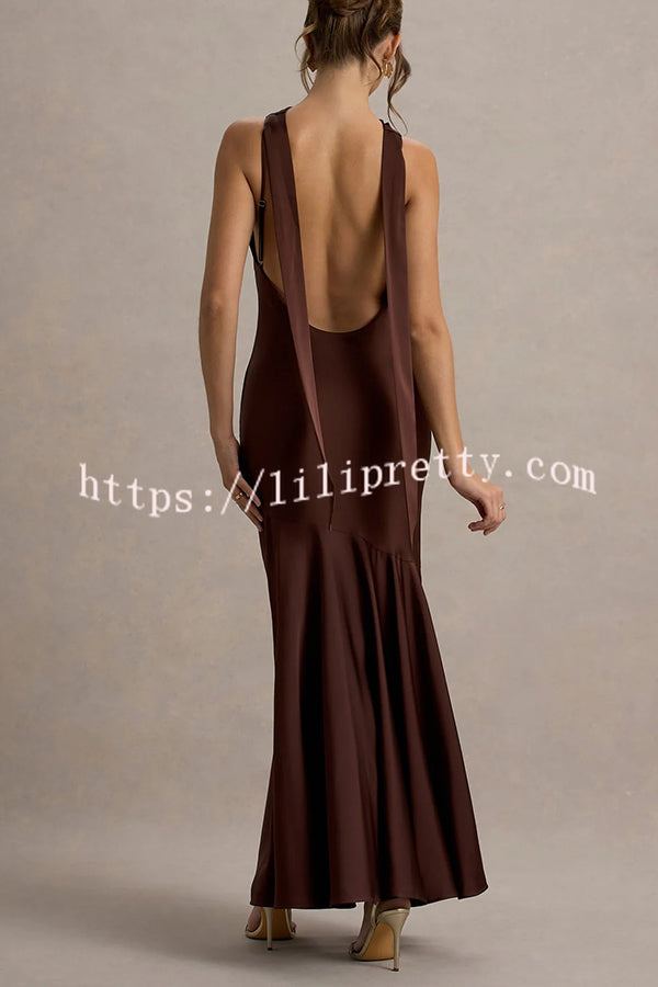 Timeless Sophistication Satin Cowl Detail Back Self-tie Halter Neck Maxi Dress
