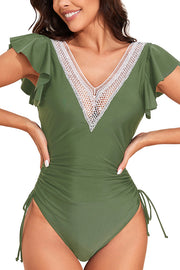 Fashionable V-neck Ruffled Flying Sleeves Stretch One-piece Swimsuit