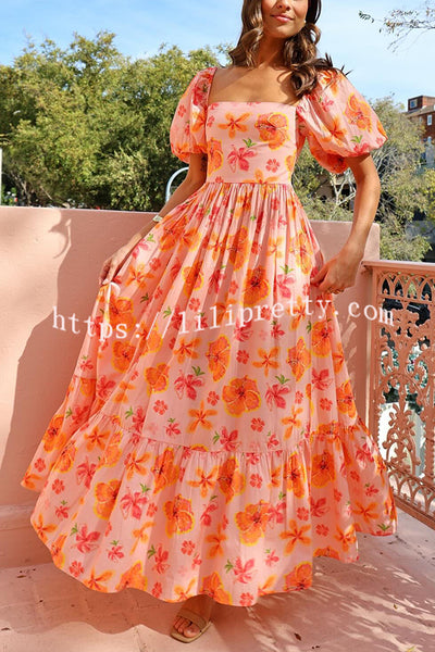 Summer Lightness Floral Print Puff Sleeve Back Smocked Pocket Maxi Dress