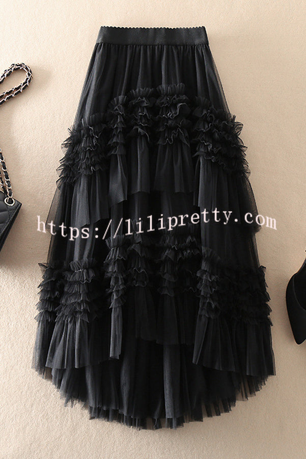 Lilipretty Elegant Mood Tulle Pleated Ruffle Elastic Waist Tiered Midi Skirt