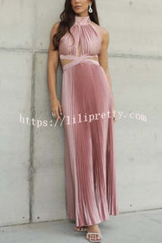 Stunning Choice Satin Pleated Halter High Neck Cutout Waist Backless Maxi Dress