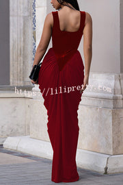Fashionable Velvet Patchwork Square Neck Sleeveless Draped Maxi Dress