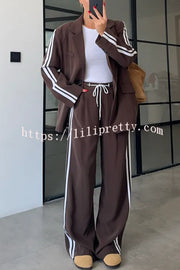 Levvie Striped Trim Long Sleeve Lapel Blazer and Rope Belt Pocketed Wide Leg Pants Set