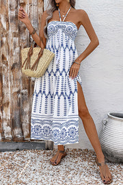 Bohemian Holiday Style Unique Print Halter Neck Tie Slit Midi Dress