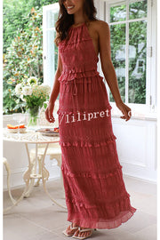 Feel Chic and Romantic Sequin Textured Material Drawstring Waist Tiered Maxi Skirt