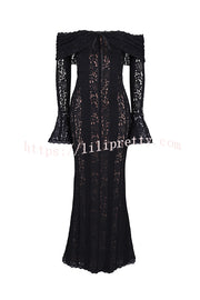 Outline The Curve Floral Lace Off Shoulder Bell Sleeve Stretch Maxi Dress