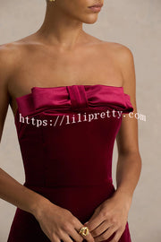 Illusion Velvet Bandeau neck Bow detail Stretch Maxi Dress