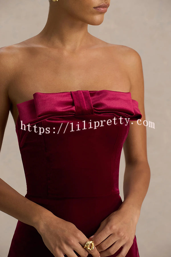 Illusion Velvet Bandeau neck Bow detail Stretch Maxi Dress