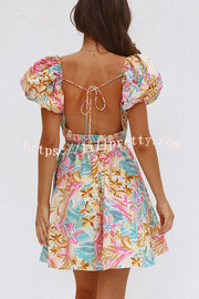 Lilipretty How Sweet Floral Puff Sleeve Cutout Elastic Waist Mini Dress
