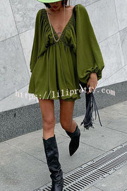 V Neck Puff Sleeve Solid Color Resort Style Mini Dress