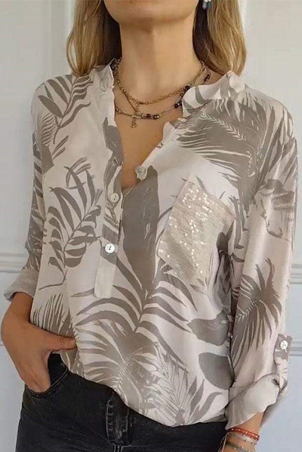 Botanical Print V-neck Buttoned Sequin Pocket Casual Shirt