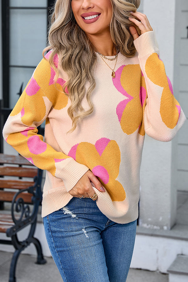 Fashionable Round Neck Long Sleeve Knitted Flowers Sweater