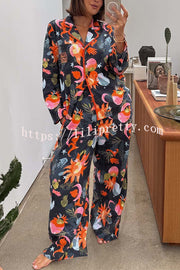 Evening Routine Unique Print Color-block Trim Loose Shirt and Elastic Waist Pocketed Pajama Set