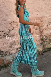 Pietra Tie Dye Print Scoop Neck Backless Hooded Stretch Maxi Dress
