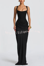 Larrah Square Neck Back Lace-up Satin Drape Hem Maxi Dress
