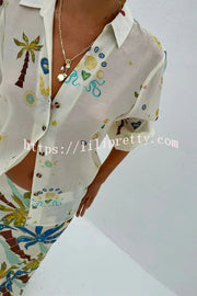 Linen Blend Resort Coconut Palm Print Long Sleeve Lapel Shirt and Elastic Waist Casual Pocket Shorts Set