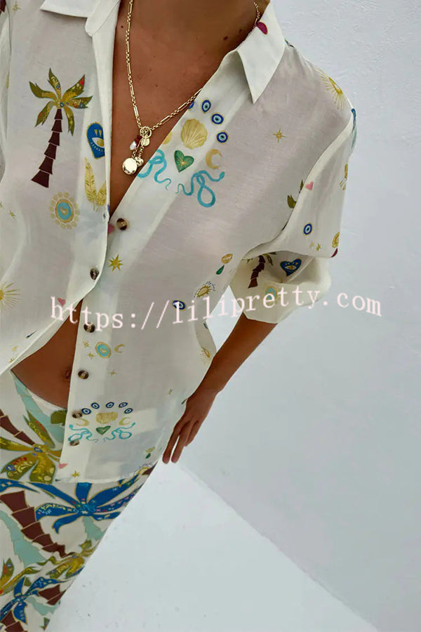 Linen Blend Resort Coconut Palm Print Long Sleeve Lapel Shirt and Elastic Waist Casual Pocket Shorts Set