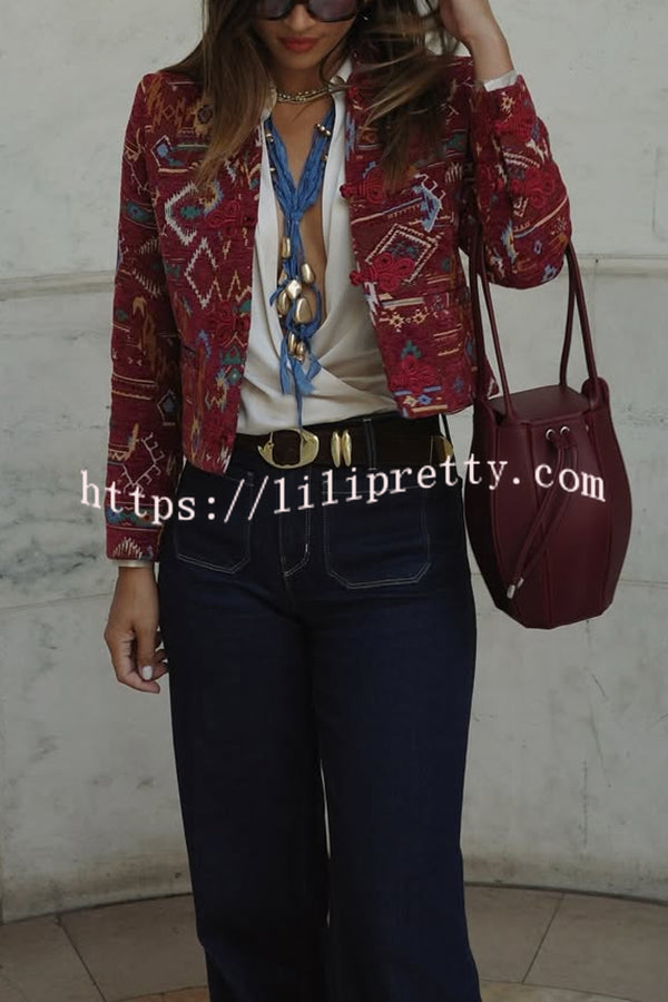 Vintage Bohemian Printed Chinese Style Buttons Long Sleeve Crop Jacket