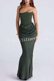 Attend The Gala Strapless Corset Satin Ruched Hip Drape Maxi Dress