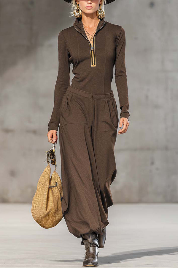 Solid Color Zip-up Long-sleeved Top and Casual Pocket Wide-leg Pants Set