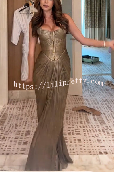 Vegas Queen Metallic Pleated Sculpted Bodice Back Lace-up Drape Maxi Dress