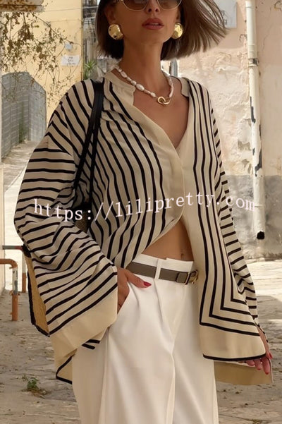 Comfortable and Effortless Striped Long Slit Sleeve Button Relaxed Loose Blouse