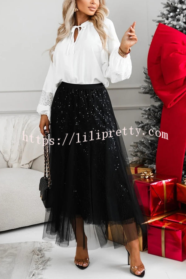 Party Daydream Sequin Tulle High Rise Elastic Waist Maxi Skirt