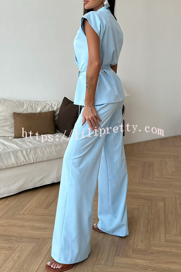 Modern City Double Breasted Belted Wide Short Sleeve Suit and Elastic Waist Loose Pants Set