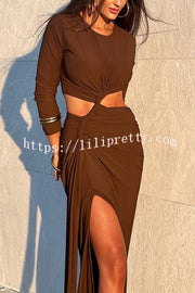 Solid Color Round Neck Long Sleeve Sexy Exposed Waist Slit Maxi Dress