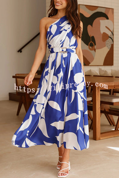 Unique Print Sleeveless One Shoulder Belted Maxi Dress
