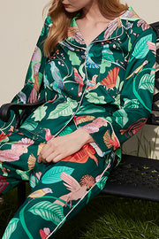 Green Parrot Print Home Long Sleeved Two-piece Set