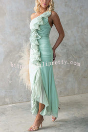 Fashion One-shoulder Pleated Sexy High Slit Slim Dress