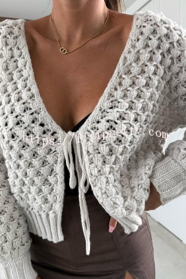 Marin Knit Hollow Texture Tie-up Neck Balloon Sleeve Relaxed Cardigan