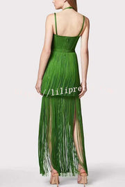Sexy Halterneck Open Back Elegant Tassel Slim Maxi Dress