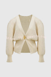 Only Yours Knit Metal Leaf Shape Button Lantern Sleeve Relaxed Cardigan