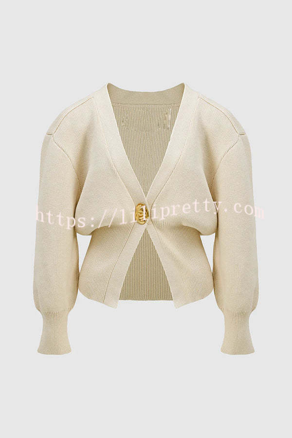 Only Yours Knit Metal Leaf Shape Button Lantern Sleeve Relaxed Cardigan